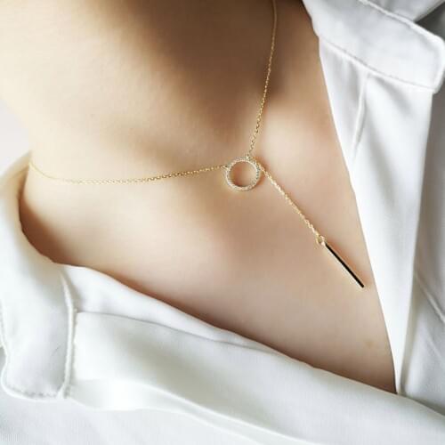 Hot Sale 925 Sterling Silver Circle Bar Pendant Necklace Korea Choker Necklaces For Women Rhinestone Collar Party Wedding Gifts