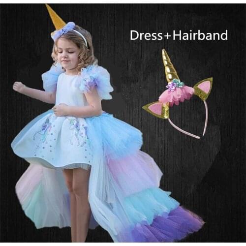 Long Tail Unicorn Dress for Girls Birthday Party Dress Elegant Baby Girl Princess Carnival Costume Hairband Pastel Rainbow Gown