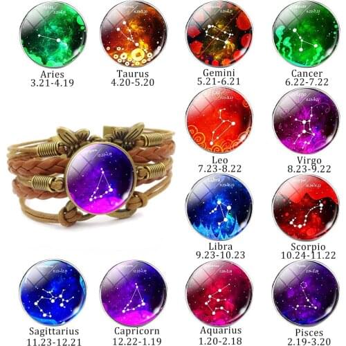 12 Constellation Zodiac Sign Vintage Braided Leather Bracelet Pisces Aries Pisces Virgo Taurus Woven Glass Jewelry Birthday Gift