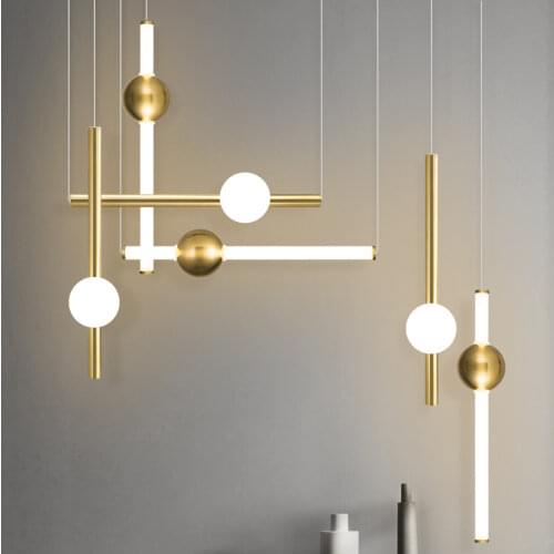 Simple Modern Art Chandelier With Vertical And Horizontal Lines Nordic Metal Luminous Ball Designer Restaurant Cafe Lights