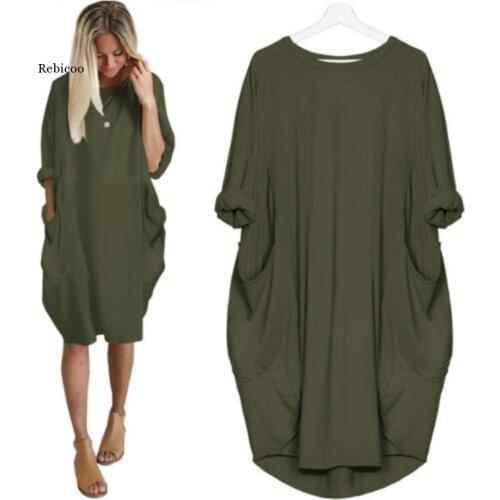 Plus Size Woman Dress Solid O-Neck Pocket Loose Long Sleeve Sexy Dresses Womens Dresses New Arrival Casual Summer Dress