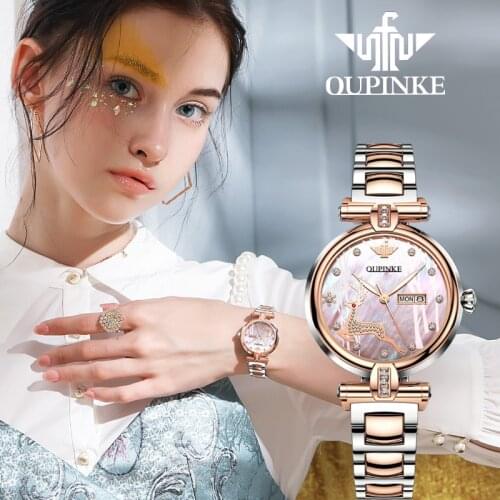 OUPINKE Top Luxury Brand Automatic Mechanical Women Watch Waterproof Tungsten Steel Watchstrap Rose Gift Box Automatic Watches