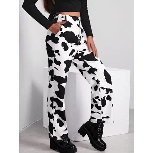 Spring Womens High-Waisted, Loose, Straight-Leg Retro Cow Spot Pattern Goes With Black, White, Purple Brown Pants Jeans