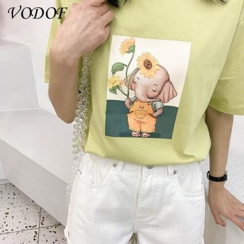 VODOF Short Sleeve O Neck Casual T-shirt Womens Cotton T-shirt Cartoon Printed Ladies Casual Cute T-shirt Summer Tops for Women