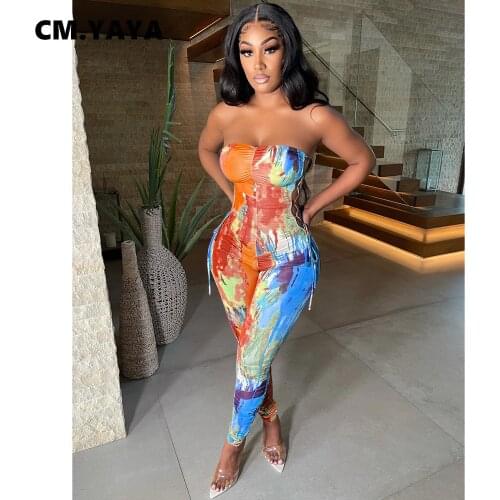 CM.YAYA Women Jumpsuit Print Sleeveless Strapless Side Bandage Stretchy Bodycon Pencil Jumpsuits Sexy Fashion Outfit Summer 2021