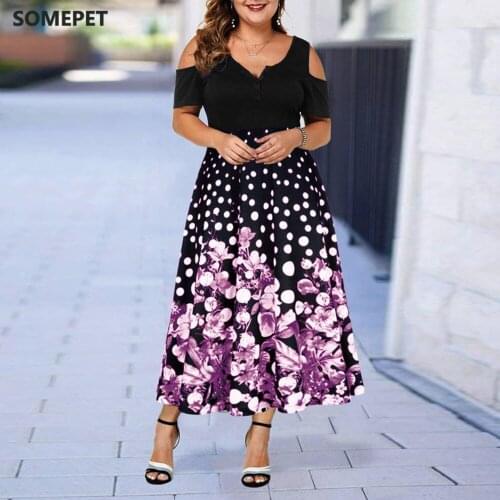 Plus Size Summer Womens Dress 2021 Elegant Print Party Dress Women Cold Shoulder Casual Beach Dresses Club Outfits 3XL 4XL 5XL