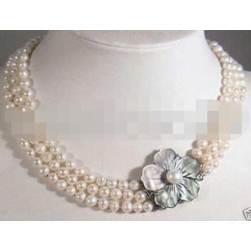 3 Rows 7-8mm White freshwater Cultured Pearl Necklace Shell Clasp