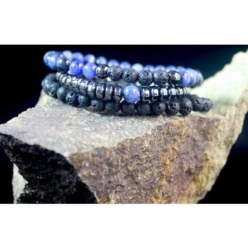 3pcs Combo Blue Natural Stone Lava Hematite Bracelet for Men and Women Jewelry Gift Handmade NSB1054