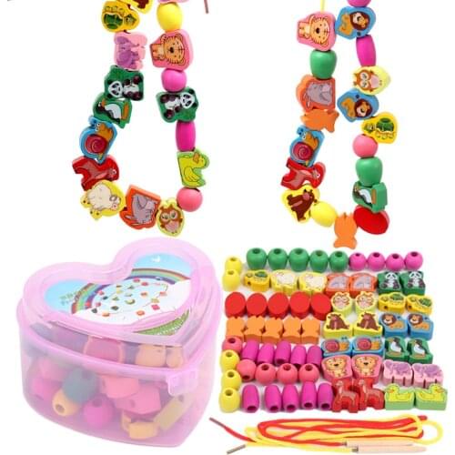 50PCS/Set Wooden Beads Beaded Stringing Toys DIY Crafts Arts Fruit Animals Hand-eye Coordination Kids Early Education Beads Toys