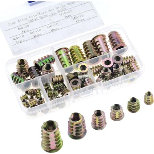 50PCS/BOX M4-M10 Zinc Alloy Thread for Wood Insert Nut Flange Hex Socket Head Furniture Nuts Assortment Kit M5 M6 M8