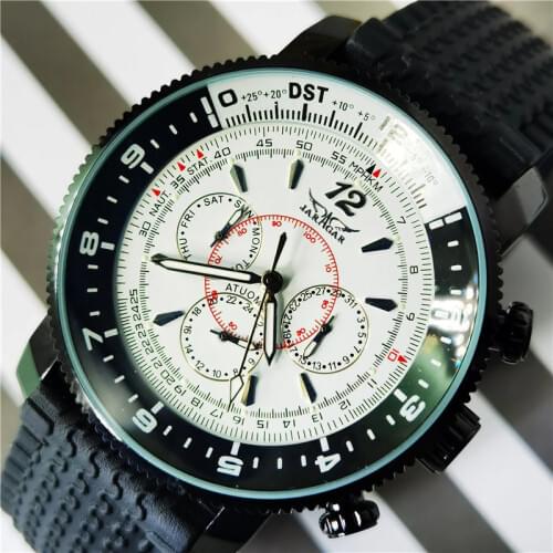 Jaragar Fashion White Men Mechanical Watch 3 Sub-dials 6 Hands Calendar Multifunction Military Silicone Band Male Wristwatches