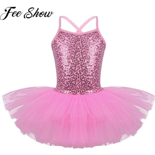 Kids Sequined Camisole Flower girl Dress Gymnastic Leotard Teen Ballet Tutu Dress Girls Ballerina Fairy Prom Party Dancewear