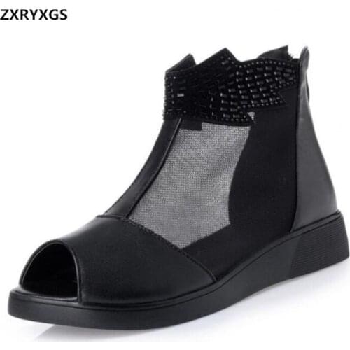 Elegant Comfortable Cowhide Mesh Boots Summer Women Sandals Flat 2020 New Fish Mouth Large Size Women Shoes Leather Sandals