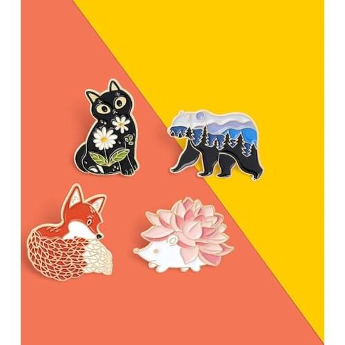 Forest Garden Enamel Pin Custom Fox Cat Bear Hedgehog Brooches Bag Lapel Pin Cartoon Animal Badge Jewelry Gift for Kids Friends