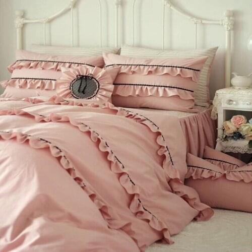 Korean pure cotton solid color pink bedding set 4pcs full queen size ruffles flounce princess bed skirt free shipping YW