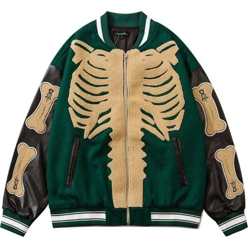 Hip Hop Furry Bone Patchwork Color Block Jackets Men Harajuku College Style Bomber Jacket Mens Streetwear Baseball Coats Unisex