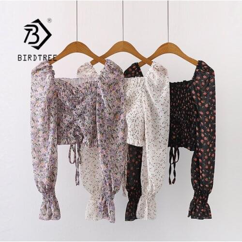 Summer New Women Vintage Off Shoulder Drawstring Floral Chiffon Blouse Lantern Sleeve Stretch Short Shirt Korean Sweet Crop Tops