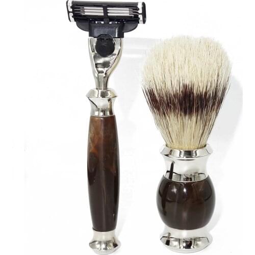 WLONG Natural Boar Bristle Beard Brush Kit with Faux Horn Resin Handle Holder and Mach 3 Safety Razor