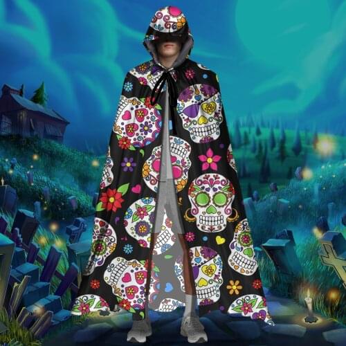 Unisex Adult Full Length Cloak Classic Sugar Skull Brand Design Halloween Christmas Ponchos Vampire Witch Cape Cosplay Costume