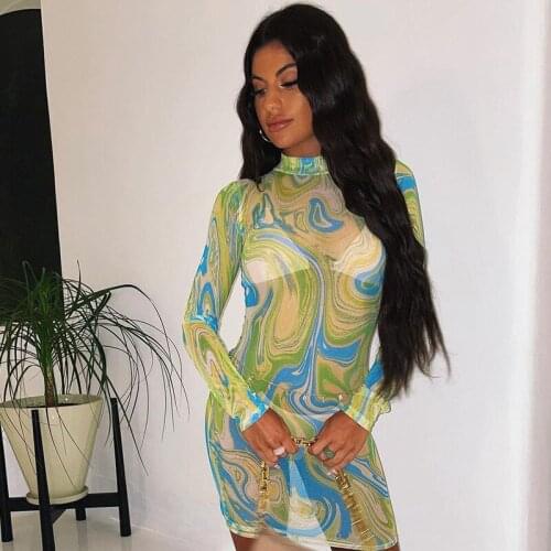 Summer Women Sexy See-Through Mesh Dress Adults Color Block Abstract Print Round Neck Long Sleeve Blue Green Party Office S M L