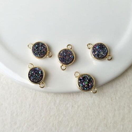 10pcs Gold color round Agat e Druzy Geode Pendant Charms Connector Double Bail DIY Making Bracelet necklace Jewelry CT86