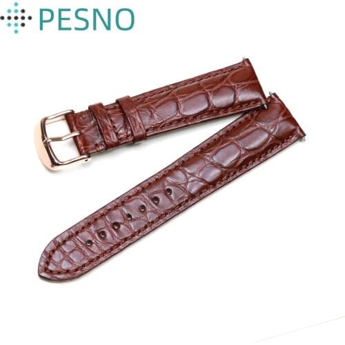 PESNO Black Dark Brown Round Grain Alligator Skin Leather Watch Bands Men Women Watch Accessories with Pin Buckle