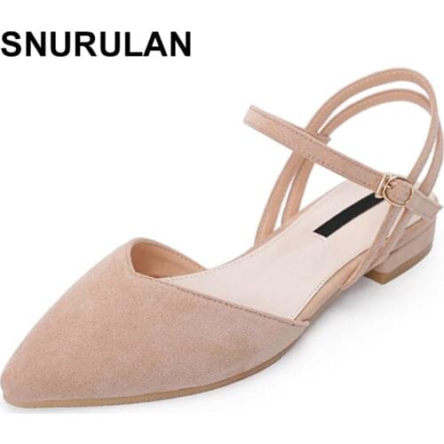 SNURULAN Sweet Women Pointed Toe Low Heels Sandals Plus Size Flock Closed Toe Flat Sandal Fenty Pink Shoes Sandalias Mujer E295