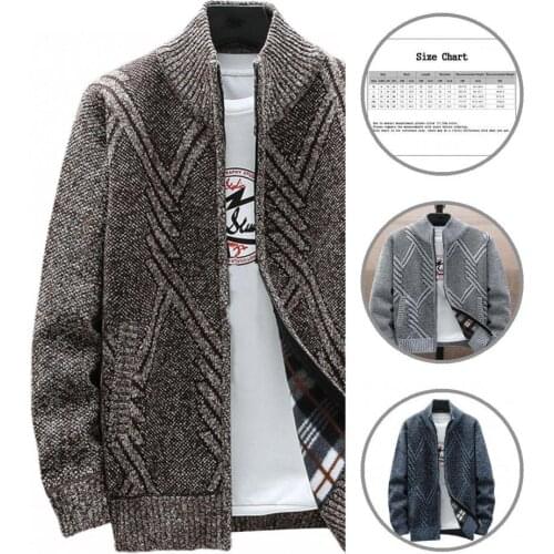 Comfy Simple Geometric Pattern Stand Collar Sweater Coat Skin-friendly Knitted Cardigan Geometric Pattern for Home