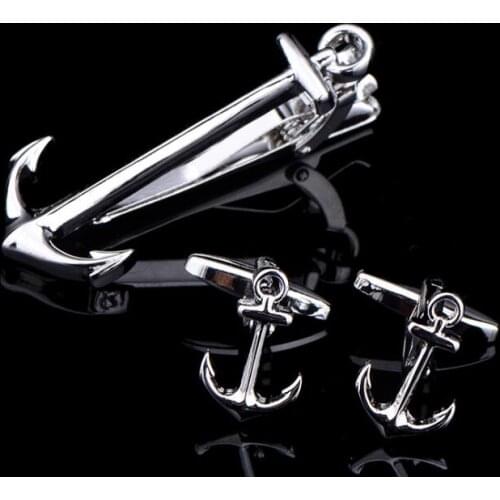 High Quality Luxury Tie Clip& Cufflinks Silver Ship Anchor Cuff Link and Tie Clip Set Man French Shirt Button Wholesale 20sets