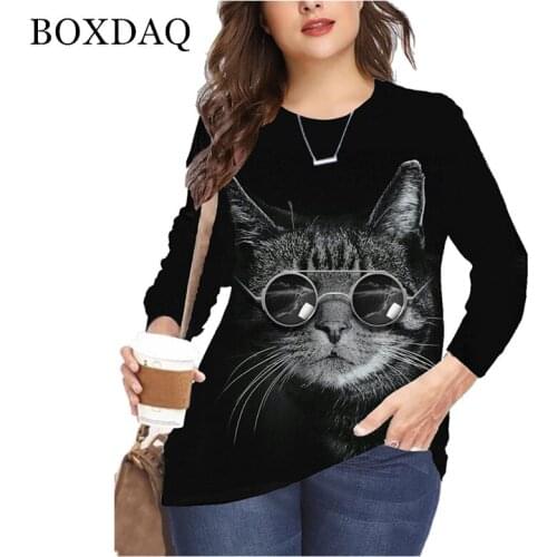 5XL 6XL Big Size Autumn Casual Ladies Tunic Tees Tshirts Women Harajuku Funny Cute Cat 3D Print Long Sleeve T Shirt Fashion Tops