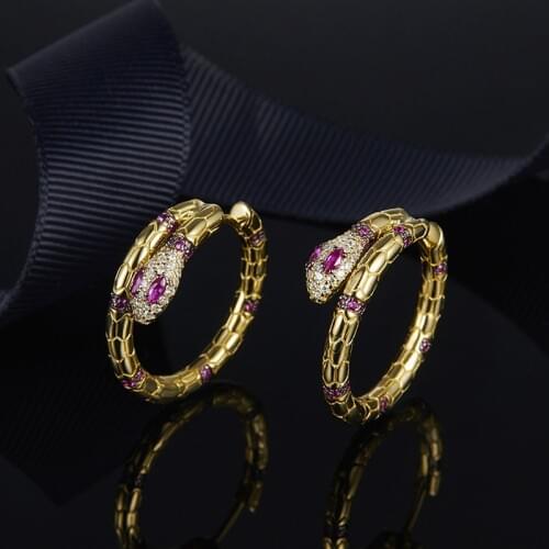 S925 Sterling Silver Buckle Earrings Micro Paved Top Red White Zirconia Gold Snake Hoop Earrings For Women Luxury Jewelry
