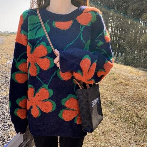 Korean Style Womens Autumn Spring Sweaters Loose Printing Knitted Jumpers Female O-Neck Oversized Casual Pullovers Ladies Tops