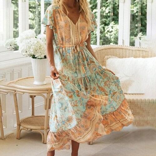 New Summer New Boho Belted Maxi Dress V-neck Short-sleeved Print Temperament Wild Beach Robe Shutting Long Dress JIUY1