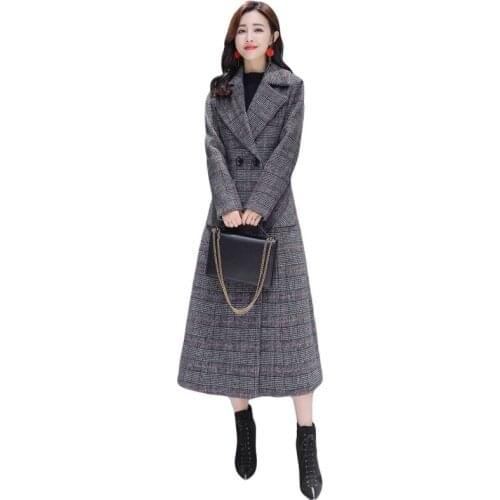 2019 Plaid woolen coat female long section Slim temperament houndstooth autumn and winter Korean womens woolen coat tide