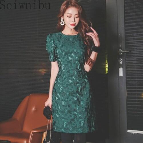 S-XL Korean Version O-Neck Short Sleeve Jacquard Fashion Dress 2020 Spring Solid Dress Elegant Women Bodycon Party Vestido