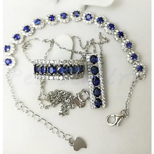 Natural sapphire jewelry set 1pc pendant,1pc ring,1pc chain bracelet 925 sterling silver 0.15ct*15pcs,0.35ct*12pcs gemstone #YX