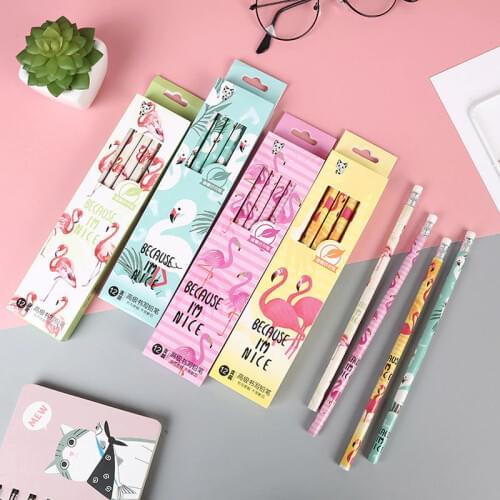 12pcs/lot Cute Flamingos Wood Pencil with Eraser Long Handle Writing Tool School Office Supply Student Stationery Kids Gift