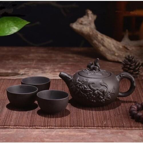 150ml Yixing Teapot Purple Clay Kung Fu Tea Set Handmade Dragon Elephant Squirrel Tea Pot With 3pcs Cup Set