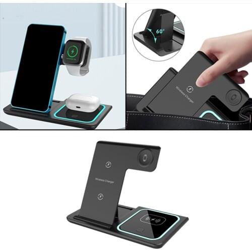 3in1 15W Wireless Charger Fast Charging Dock Stand Station w/LED Indicator For iwatch Smartphone Earbuds