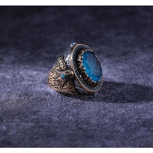 Turquoise 925 Sterling Silver Engraved Special Craftmanship Traditional Handmade Turkish Signet Ring Jewelry Gift for Women Men