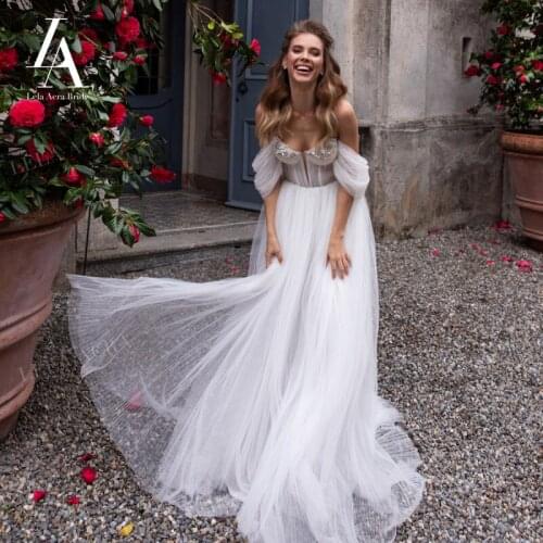 Boho Beaded Wedding Dress Fairy 2 In 1 Detachable Off Shoulder Ruched Tulle A-Line Lela Acra D101 Bridal Gown Vestido De Novia