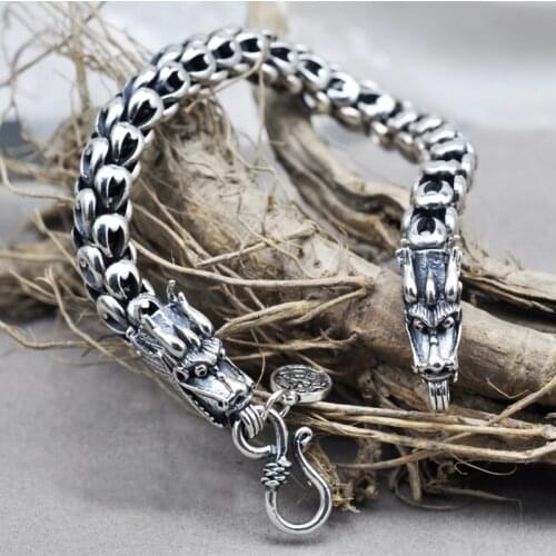 8mm Dragon Scale Bracelet Chain Real Pure 925 Sterling Silver Double Heads Vintage Punk Rock Retro Style Men Jewelry