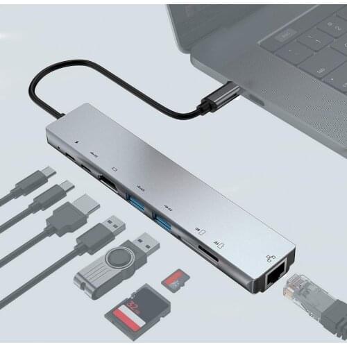 USB Hub Docking Station 8 in 1 Type-C to 4K HDMI-compatible USB 3.0 TF PD Charger Fast Charger Multifunctiona Dock Station