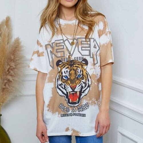 Khaki Tie Dye Tiger Graphic Tees Women Loose O Neck Short Sleeve Tshirt 2021 New Fashion Women Tops Summer Casual T-shirts Chic