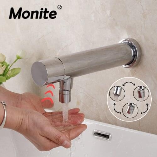Monite Chrome Polished Lavatory Bathroom Sensor Faucet Wall Mount Automatic Hand Free Touch Sensor Basin Sink Cold Tap Faucet