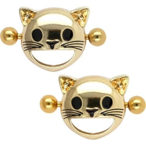 JHJT 2PCS Fahion Nipple Rings 14G 316L Stainless Steel Cute Cats Nipple Shied Barbells Body Piercing Jewelry Women Men Gifts