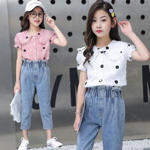 2 Pcs Girls Summer Clothing Set Summer Short Sleeve Polka Dots T Shirts Jeans Denim Pants For Teen Girls Outfits 6 8 9 10 12 Y