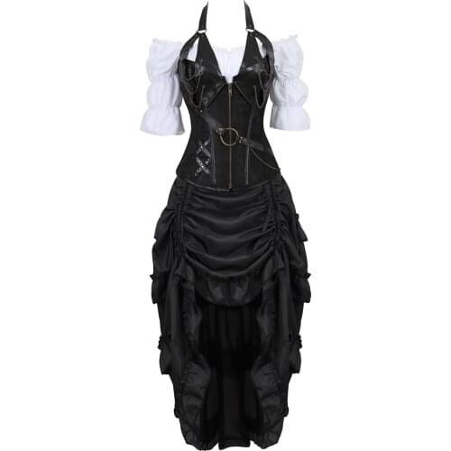 Corset 3 Piece Outfits for Women Steampunk Halter Leather Boned Bustiers with Pirate Skirt White Blouse Set Carnival Costumes