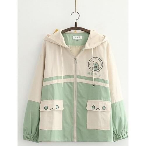 Harajuku Style Cartoon Dinosaur Embroidery Hooded Jackets Women Autumn Long Sleeve Kawaii Cute Zipper Coats Casual Loose Outwear
