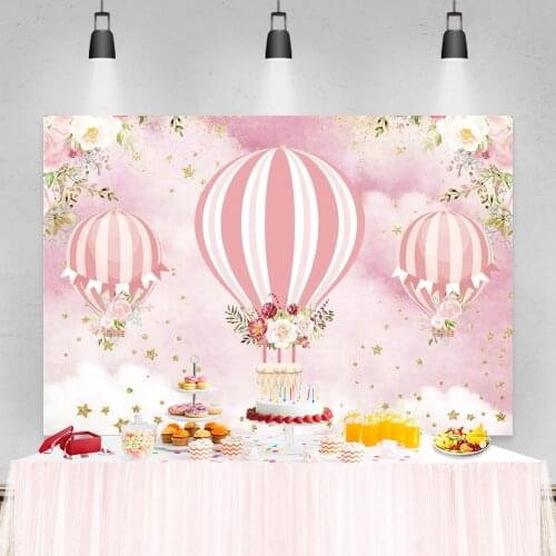 Laeacco Pink Sky Clouds Flowers Hot Air Balloons Stars Baby Birthday Photography Backdrops Photo Backgrounds For Photo Studio